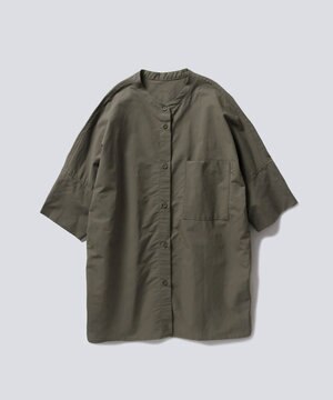  【手洗い可 / 和紙糸】COTTON PAPER  POPLIN BAND COLLAR DOLMAN SLEEVE SHIRT　コットンポプリン 半袖シャツ