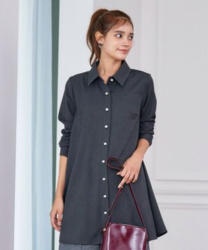  【洗える】ウール調パールボタンシャツチュニックブラウス