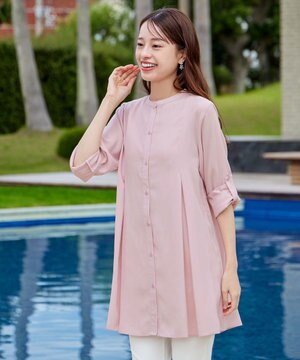 【新色追加・洗える】バンドカラーシャツチュニックブラウス