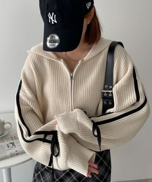  ラインリボンダブルジップニットパーカー
