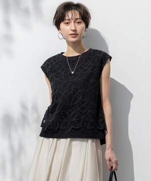  【洗える/汗じみ防止加工】エンブロイダリージャージー フレンチスリーブ カットソー