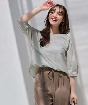  【洗える】シルケットストライプドルマン カットソー