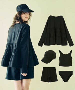  【WEB限定】5点セット キャップ付きUVカットタンキニ+ティアードラッシュセット水着【BeachQueen(ビーチクイーン）】