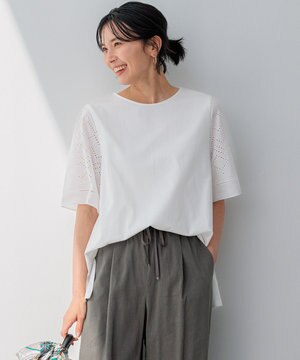  【洗える】エンブロイダリー コンビジャージー カットソー