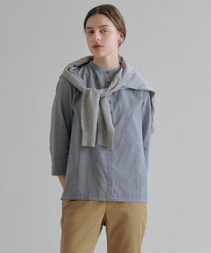 【洗える】リネンminiチェック バンドカラー ブラウス