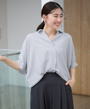 【新色追加】スキッパーネック袖タックブラウス