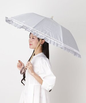  【遮光/晴雨兼用日傘】POLO RALPH LAUREN(ポロ ラルフローレン) ストライプフリル 折りたたみ傘 楽折 遮熱 UV