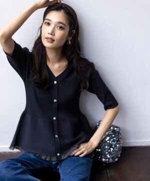 【洗える】シアーフリルペプラム ニット