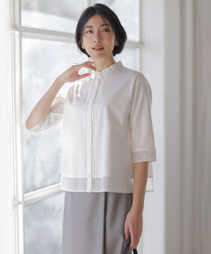 【一枚で着映え】エンブロコンビ シャツジャージー バンドカラー カットソー