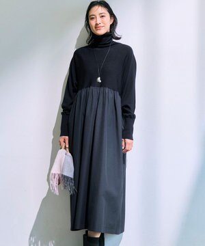  【洗える】ギャザーコンビ ニットワンピース
