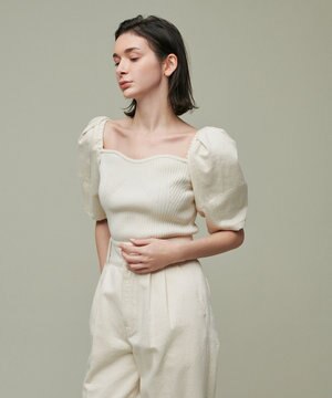 【uncrave WHITE】デニムコンビ ボリュームスリーブニット