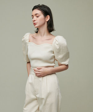 【uncrave WHITE】デニムコンビ ボリュームスリーブニット