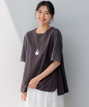  【洗える】エンブロイダリー コンビジャージー カットソー