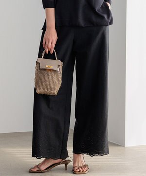  【洗える】リネンエンブロイダリー ワイドパンツ