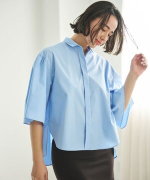 【洗濯機可能/シワになりにくい】〈お尻・太ももをカバー〉フレアスリーブイタリアンカラーシャツ