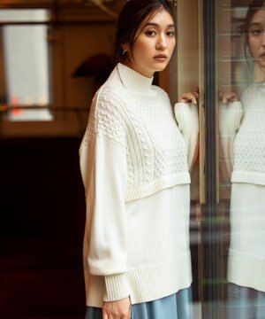 【洗える】ハイネックケーブル ニット