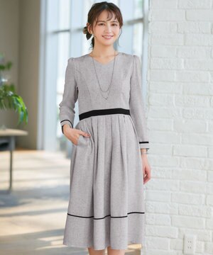  【洗える】配色パイピングフレアワンピース