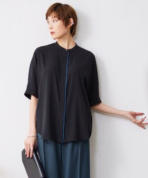 【接触冷感・UVケア・速乾】BackSatinAmunzen 5分袖バンドカラーブラウス