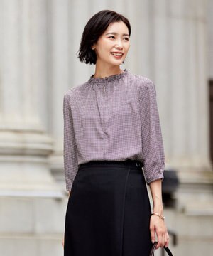  チェックプリント スリットフリルネック カットソー