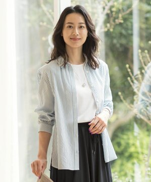  【洗える】コットンアセVis ストライプ シャツカラー ブラウス