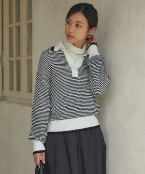 【洗える】ワッフルパターン バイカラー ニット
