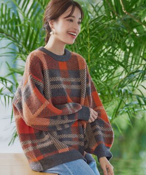  【洗える】チェック柄プルオーバーニット