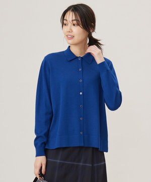  【洗える】WORSTED WOOL BLEND ポロ襟付き カーディガン