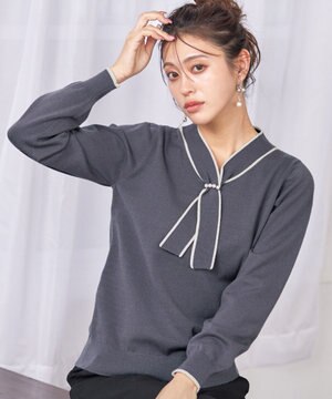 【洗える】パール付き配色ボウタイニットトップス