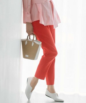  【洗える】リネンレーヨンストレッチ テーパードパンツ