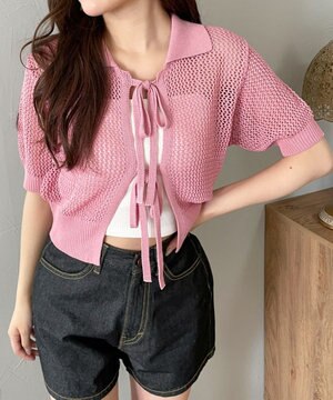  襟付きリボンメッシュショートカーデ