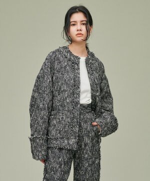 【スタイリスト金子綾×uncrave WHITE コラボ】ノーカラー ツイードジャケット
