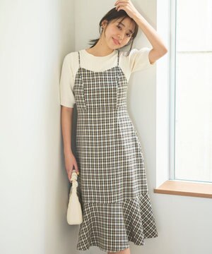  【セットアイテム・洗える】パフスリーブニット×キャミソール ワンピース