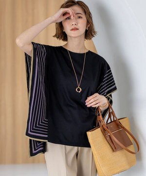  【汗じみ防止加工】スカーフプリントコンビ フレンチスリーブ カットソー