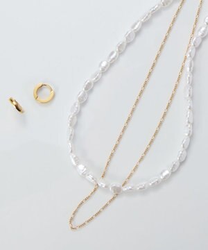  【限定セット】クラシカルパール×チェーン2連ネックレス×ワンタッチメタルフープミニピアス