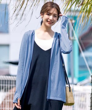  【洗える】UVケア機能付きサマーニットロングジップパーカー