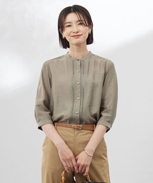 【WEB限定カラーあり・洗える】Sheer Vis リネン バンドカラー ブラウス