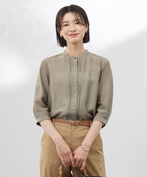 【WEB限定カラーあり・洗える】Sheer Vis リネン バンドカラー ブラウス