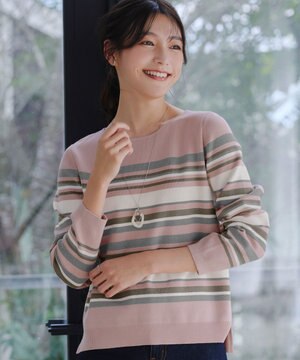  【洗える】マルチボーダーニットトップス