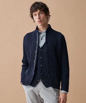  【エコ素材和紙使用・日本素材】和紙杢メッシュクルーネック ニットジャケット