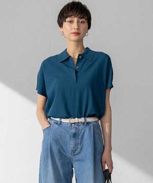  【洗える】レーヨンポリエステルストレッチ フレンチスリーブ ポロニット