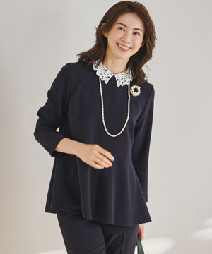 【セットアップ対応/洗える】トリアセダブルジョーゼット 2WAYレース襟 ペプラムブラウス