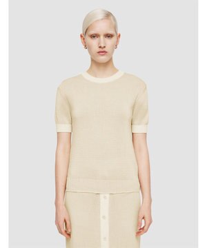  【洗える】マイクロストライプ　ショートスリーブニット