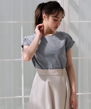  【洗える】シルケットストライプフレンチスリーブ カットソー