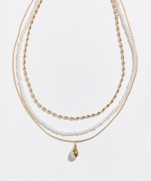  パール×ドロップメタル3連ネックレス　ゴールド