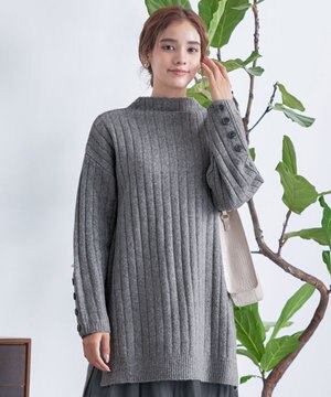  【洗える】袖ボタンメランジニットチュニック
