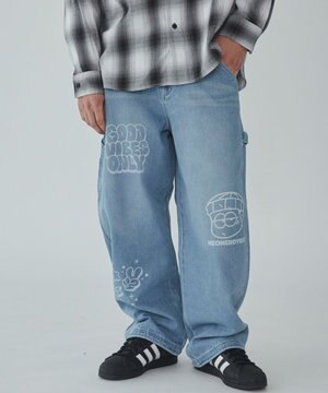  【ウエスト紐で調整】イージーペインターグラフィックデニムパンツ