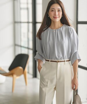  【WEB限定】ボーダージャガード タック袖ブラウス