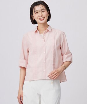  【洗える】リネンminiチェック フロントピンタック シャツ