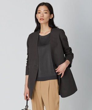  【吸水速乾機能付き】ペーパーコットンリネンツイル　ノーカラージャケット