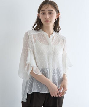 袖フリルドビードットシアーシャツ